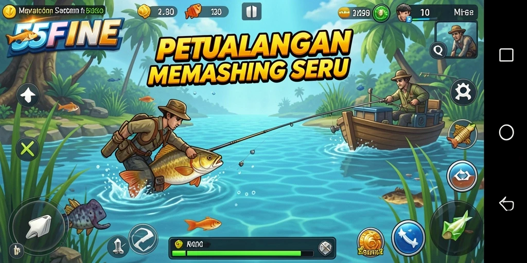 Tampilan gameplay <strong>55FIVE</strong> dengan suasana memancing yang menakjubkan.