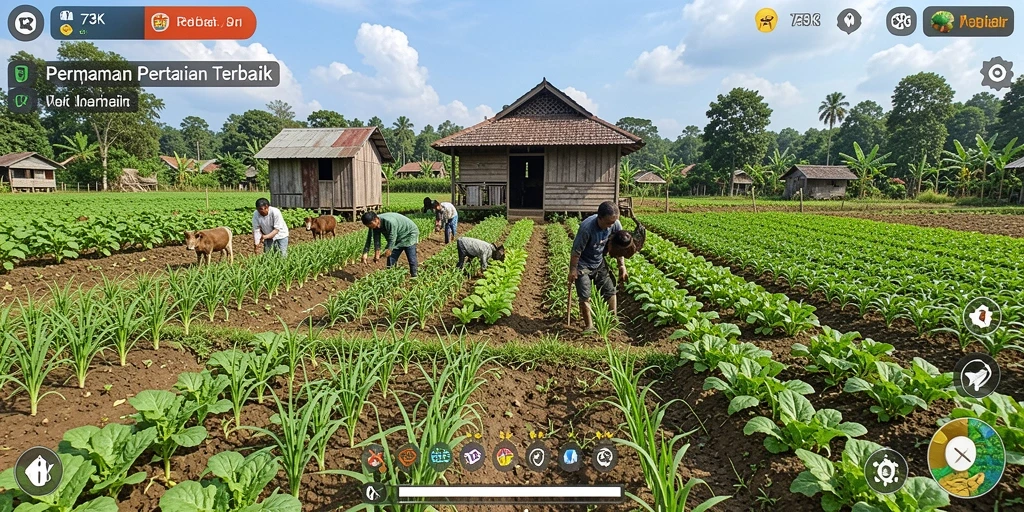Tampilan screenshot game 73K yang menampilkan kebun yang indah.