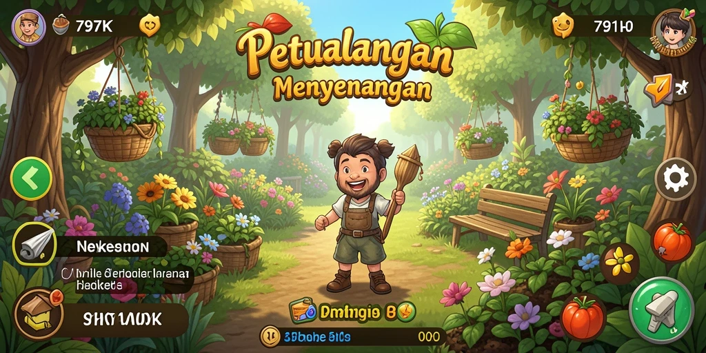Tampilan gameplay <strong>797K</strong> menampilkan kebun yang subur dan penuh warna.