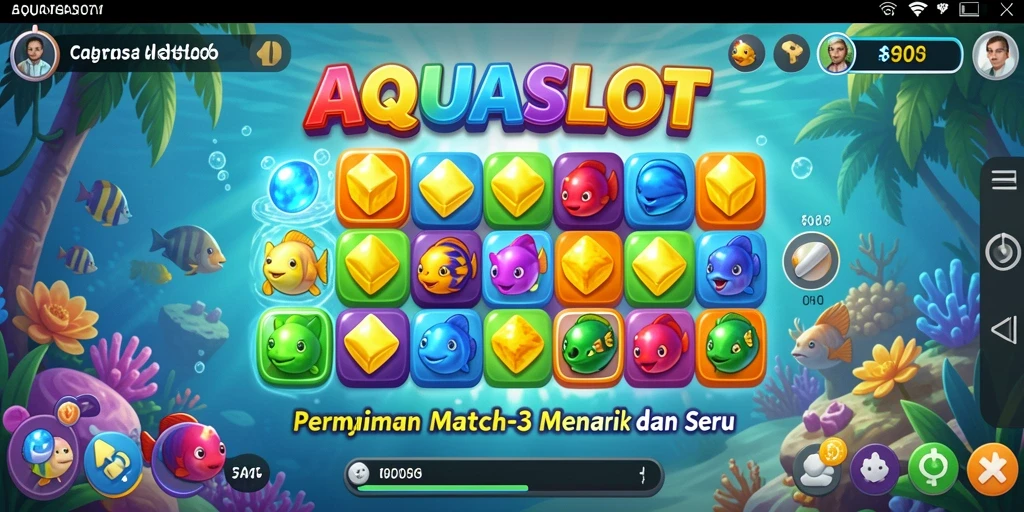 Tampilan gameplay AQUASLOT dengan berbagai warna dan tantangan Match-3.