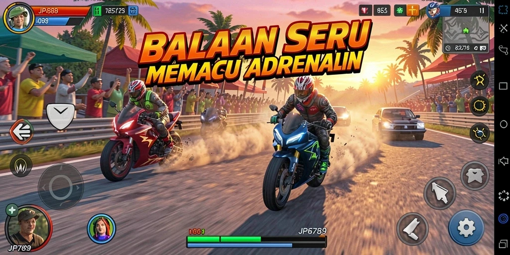 Tampilan gameplay seru di lintasan balap dengan kendaraan yang cepat.