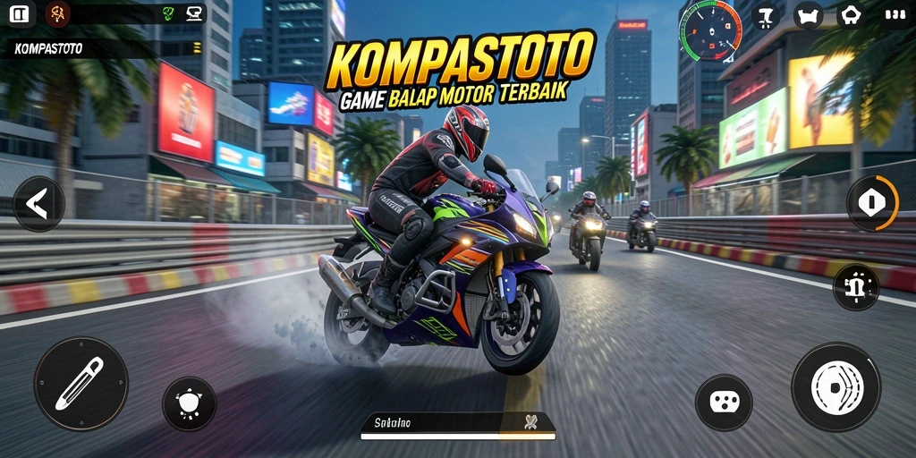 Screenshot gameplay <strong>KOMPASTOTO</strong> yang menampilkan balapan seru dengan motor cepat.