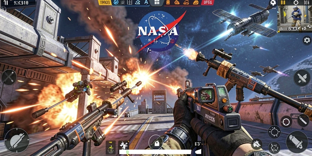 Tampilan gameplay epik dari NASA4D dengan pertempuran luar angkasa.