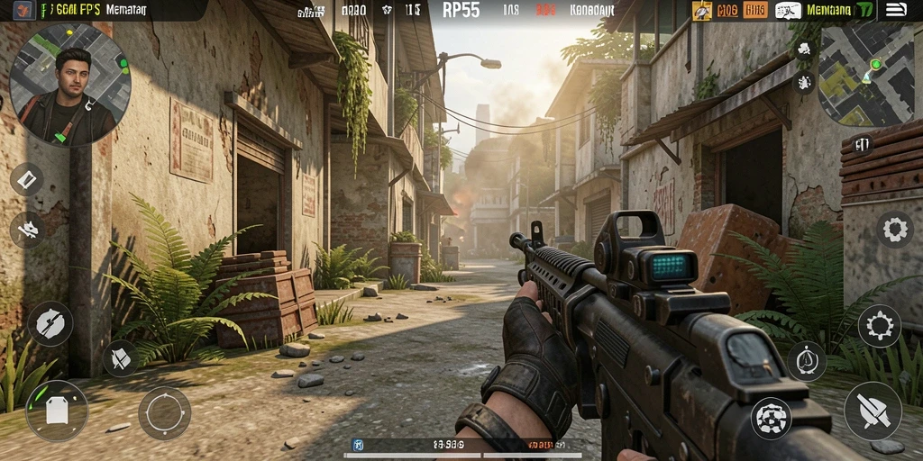 Screenshot gameplay RP55 yang menampilkan aksi tembak-menembak seru.
