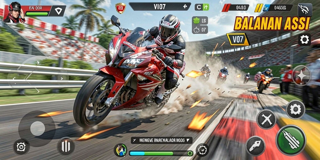 Tampilan gameplay yang mendebarkan dari V07 saat balapan motor.